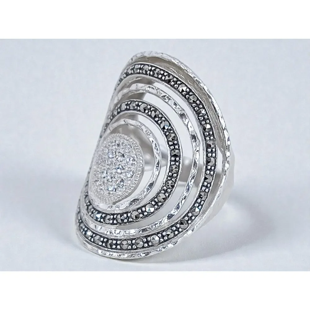 Sterling Silver 925 Spiral Statement Ring Cubic Zirconia Marcasite Size 6